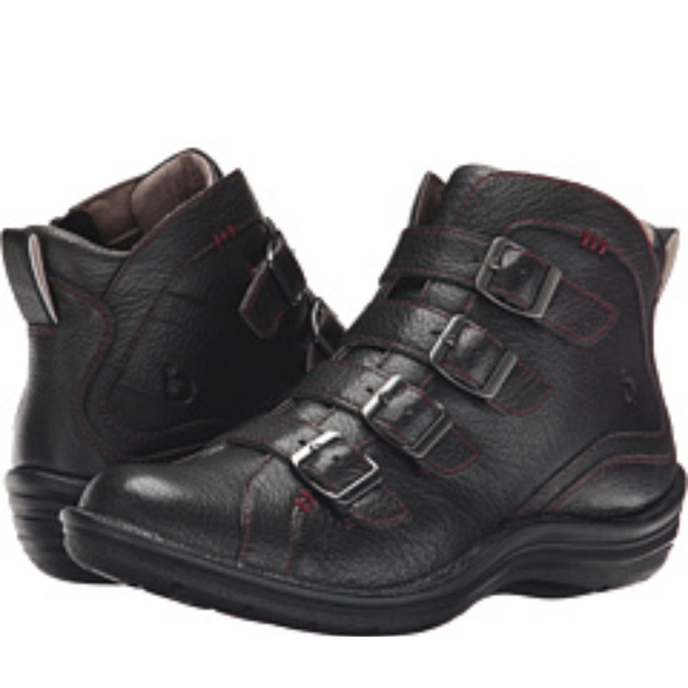 Bionica Orion Black Leather Buckle Ankle Boots Red Contrast Stitch Womens‎ 8.5M